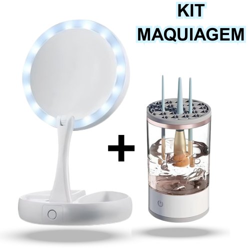 Kit Maquiagem – Espelho LED + Lavador de Pincéis